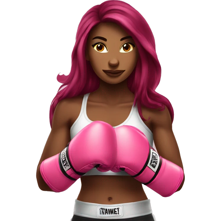 Beautiful tattooed  burgundy long haired woman boxing with pink gloves emoji