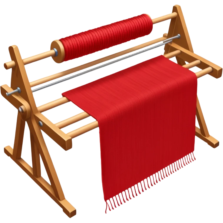 rigid heddle weaving loom set up for weaving a bright red scarf, with red yarn on a stick shuttle laying across the warp threads emoji