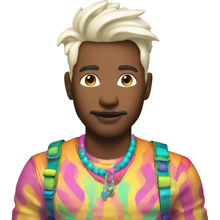 Queer man dressed in a colorful crazy outfit his skin color is white make sure that it's something modern but interesting kind of think runway emoji