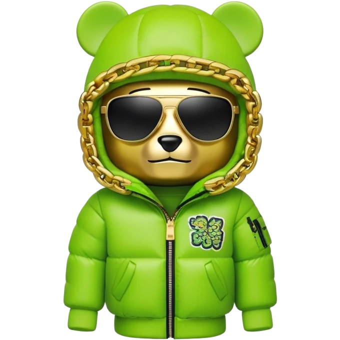 bearbrick toy with cubic head wearing a lime green balaclava with graffiti logos, wide single-piece visor sunglasses spanning entire face width, not divided for eyes, oversized puffy jacket with fur hood, gold chains emoji