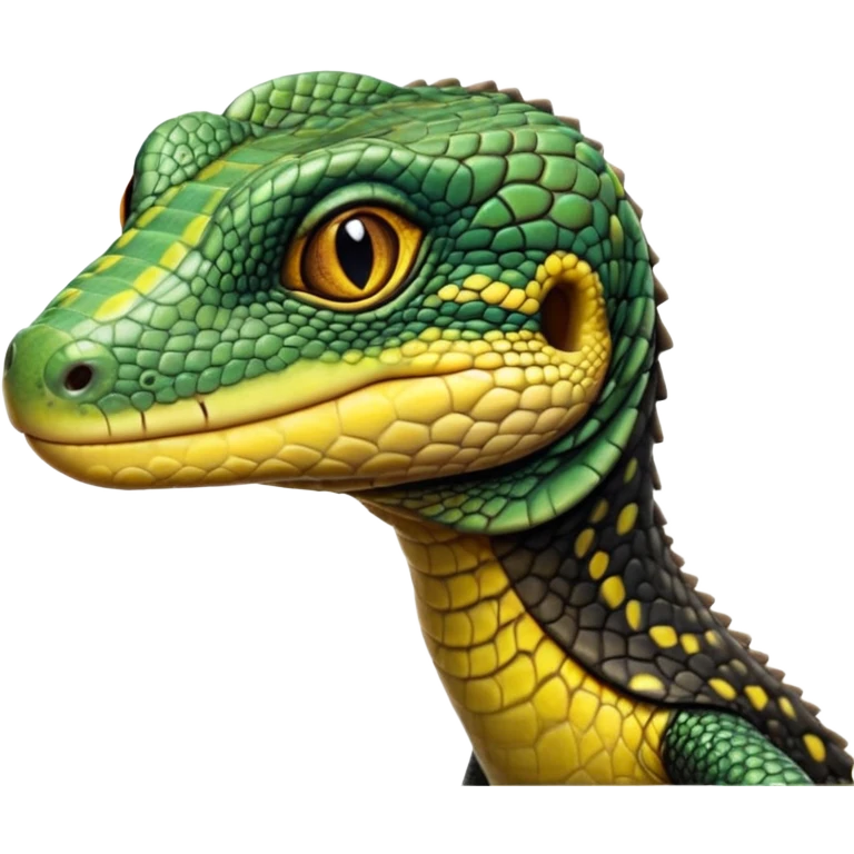 cinematic-realistic-cute-monitor-lizard-portrait-emoji,-head-tilted-playfully-and-inquisitively,-featuring-a-compact,-agile-body-with-finely-detailed,-glossy-scales-in-earthy-black and yellow-hues-and-a-distinct,-alert-face-with-bright,-curious-eyes, black , yellow spotted and green band  scales and a big long neck emoji