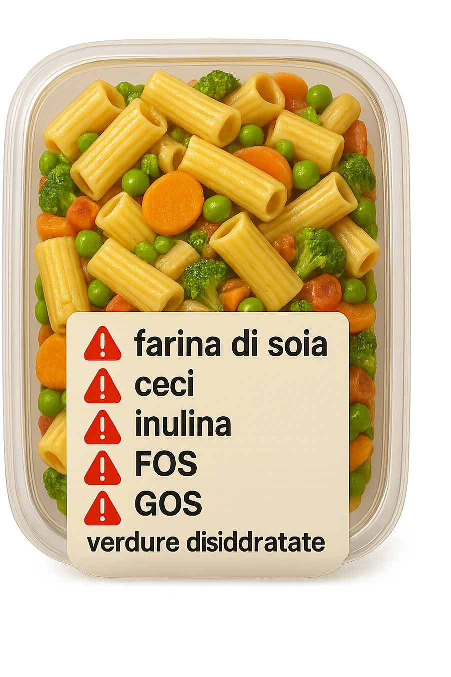SU QUESTO STILE FAI UN EMOJI STILE IPHONE 3D DI UN insalata di pasta precotta preconfezionata con ETICHETTA CON GLI INGREDIENTI SCRITTI, "farina di soia, ceci, inulina, FOS, GOS, verdure disidratate" accanto ad ogni nome scritto mettici un segnale di allarme, FALLO MOLTO REALISTICO IN 3D emoji