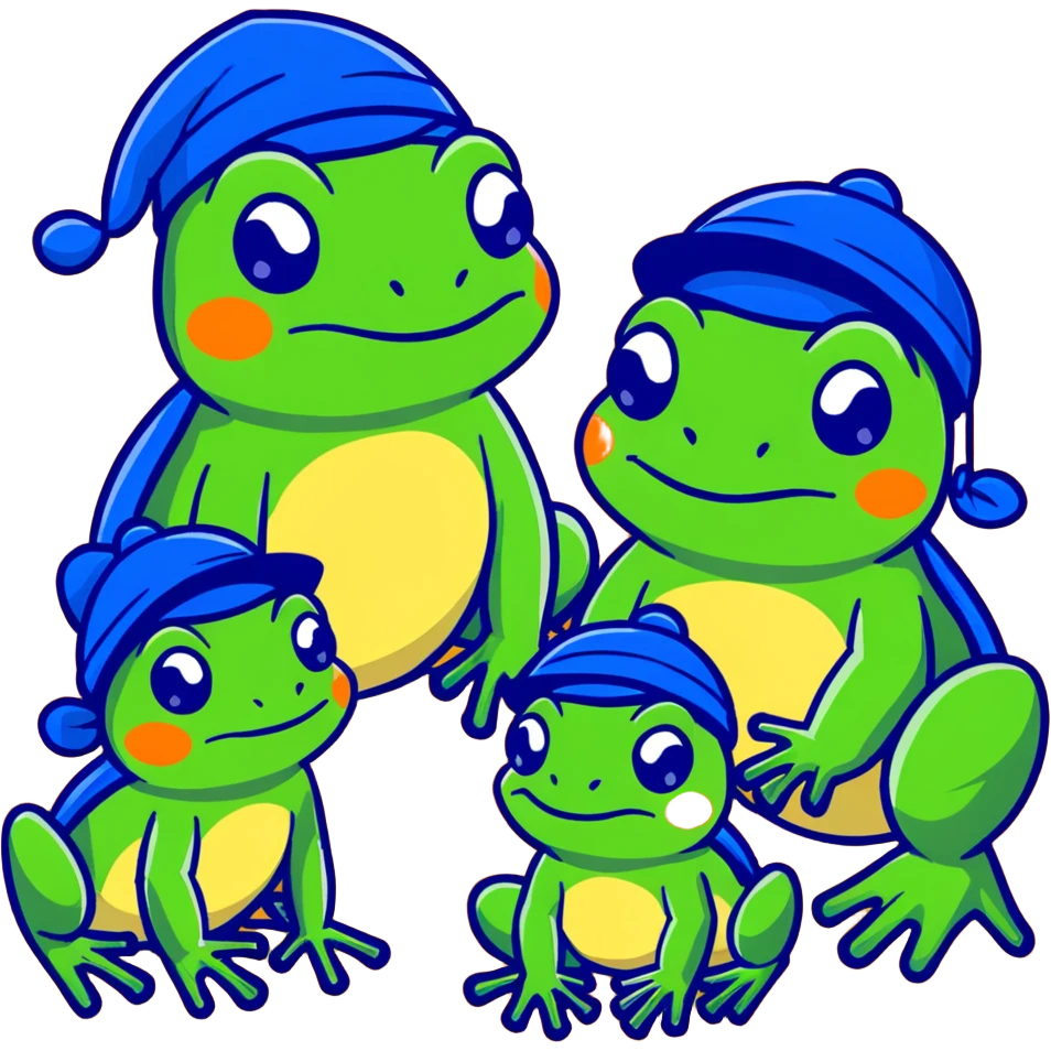 a family of frogs wearing blue hats, parent frogs and baby frogs all together emoji