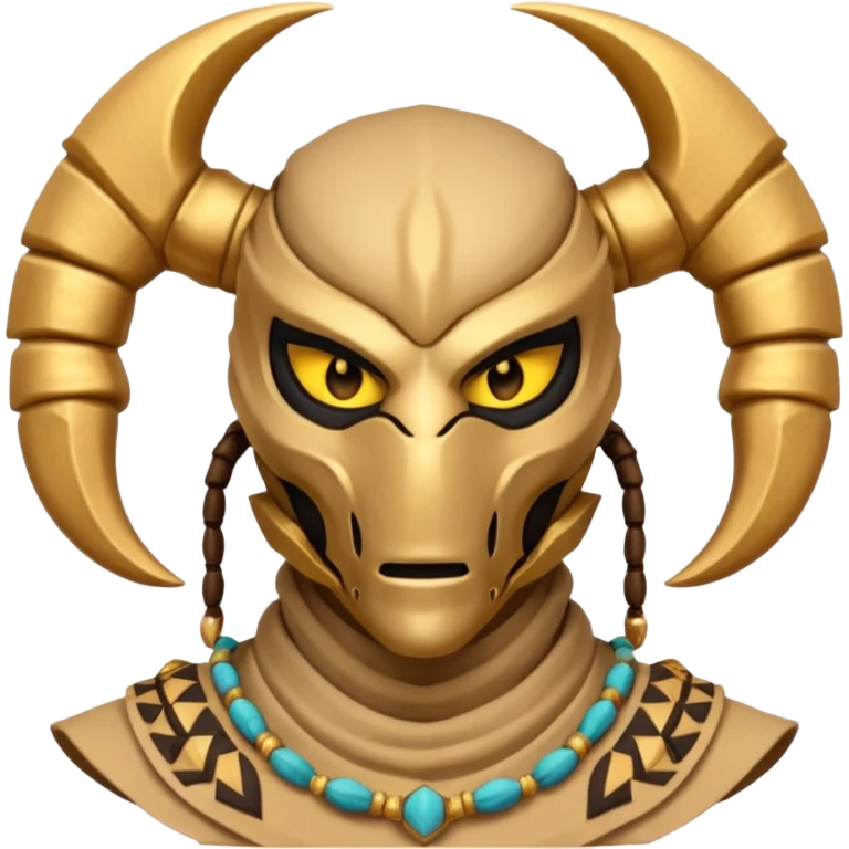 desert scorpion guard portrait, head and shoulders only, tribal mask, gold desert jewelry, fierce expression, sandy hood, 3D cartoon, mobile game icon style, clean background, no text, no watermark
 emoji