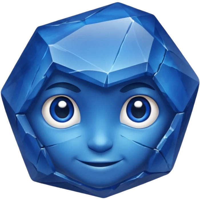 A single sapphire-blue faceted rock head, chunky and worn, with a few visible cracks and chipped facets but still shiny, big kind eyes and a confident smile, 3D game asset, centered on dark background, no body, no other elements. emoji