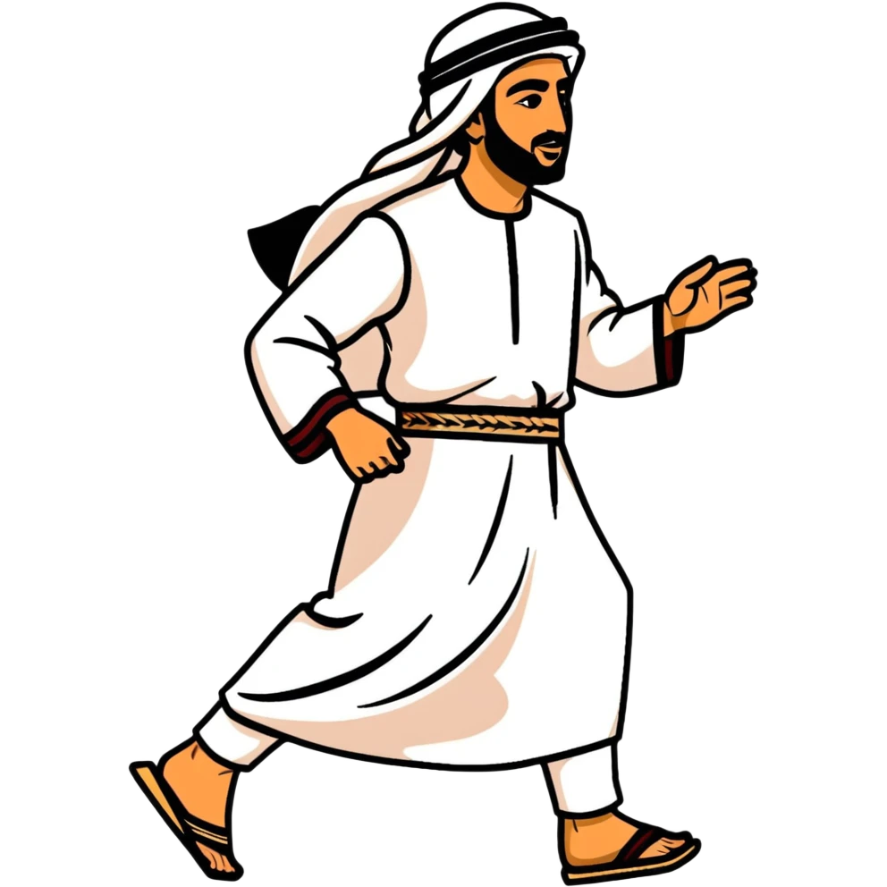 Arab man walking confidently in traditional clothing, side view, mid-stride emoji