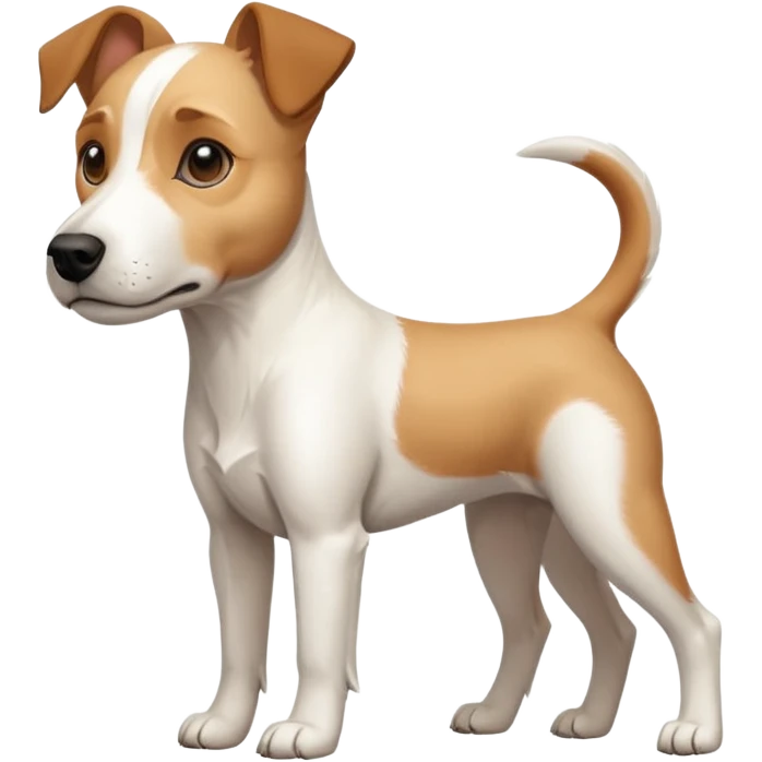 a full body facing front on of a buff white parson russell terrier looking dog the size of a kelpie with light brown long ears resting on its face and a light brown patch on one eye and a large snout. the rest of the dog is completely white.  emoji