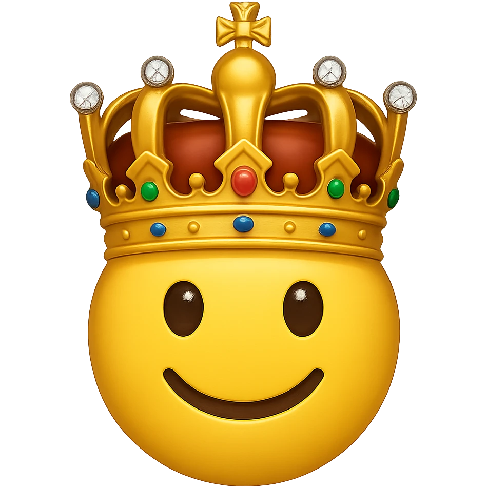 yellow face with gold crown and jewels, digital illustration, emoji style, no background emoji