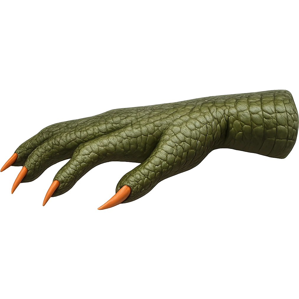Side view of a realistic reptilian hand, palm facing down like the 🫳 emoji, textured scales and sharp claws, no background. emoji