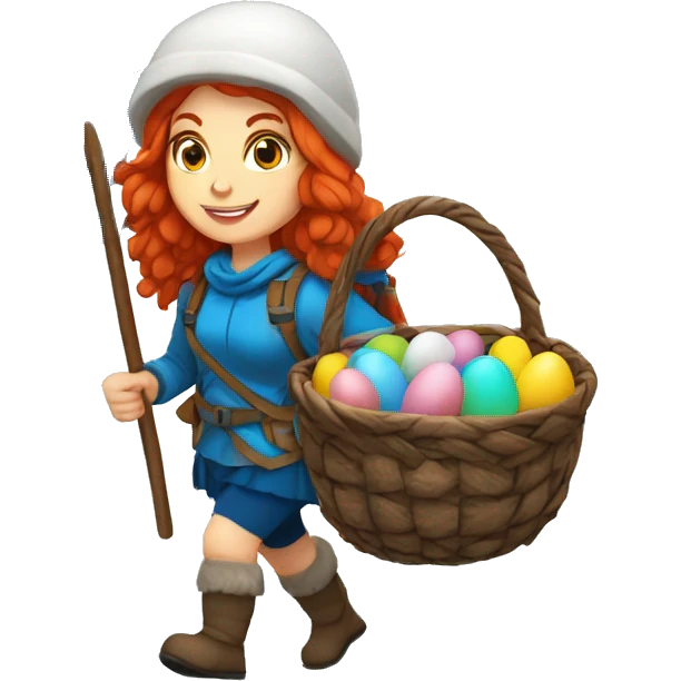 Greek Female winter mountaineer red hair white skin climbing with Greek Flag and Easter eggs basket emoji