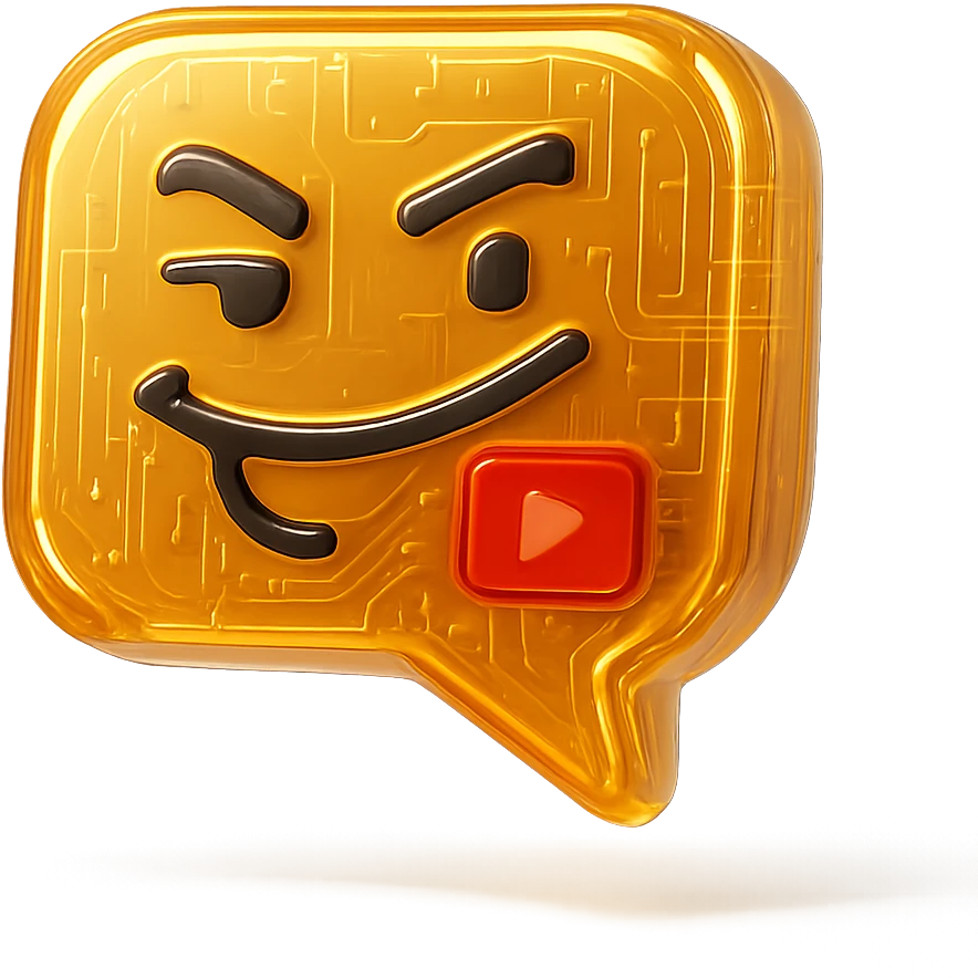 speech bubble with a playful sarcastic grin, red YouTube play button, glossy circuit style emoji