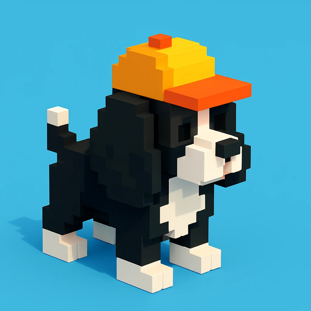 A black and white Russian Cocker Spaniel puppy wearing a cap, facing left. emoji