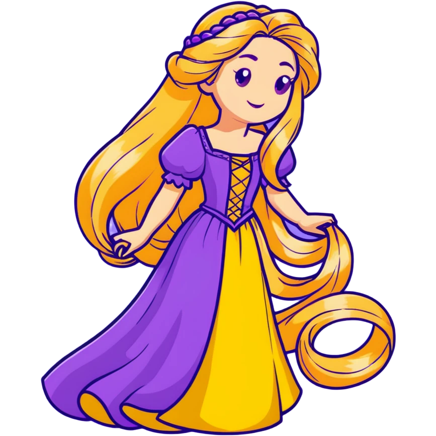 Disney Princess Rapunzel with extremely long golden blonde hair and purple dress emoji
