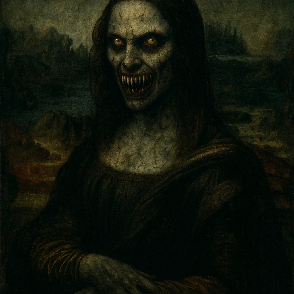 Mona Lisa in an oil painting style, with a horror-inspired look, sharp teeth, intense stare, and a chilling supernatural vibe emoji
