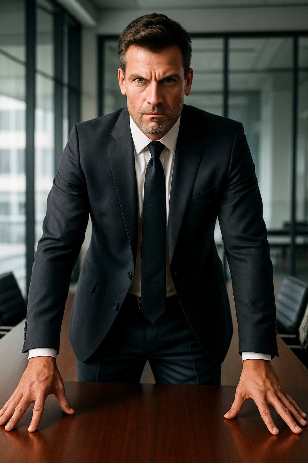 a dominant man standing at a conference table, powerful stance, business environment, commanding and influential demeanor emoji