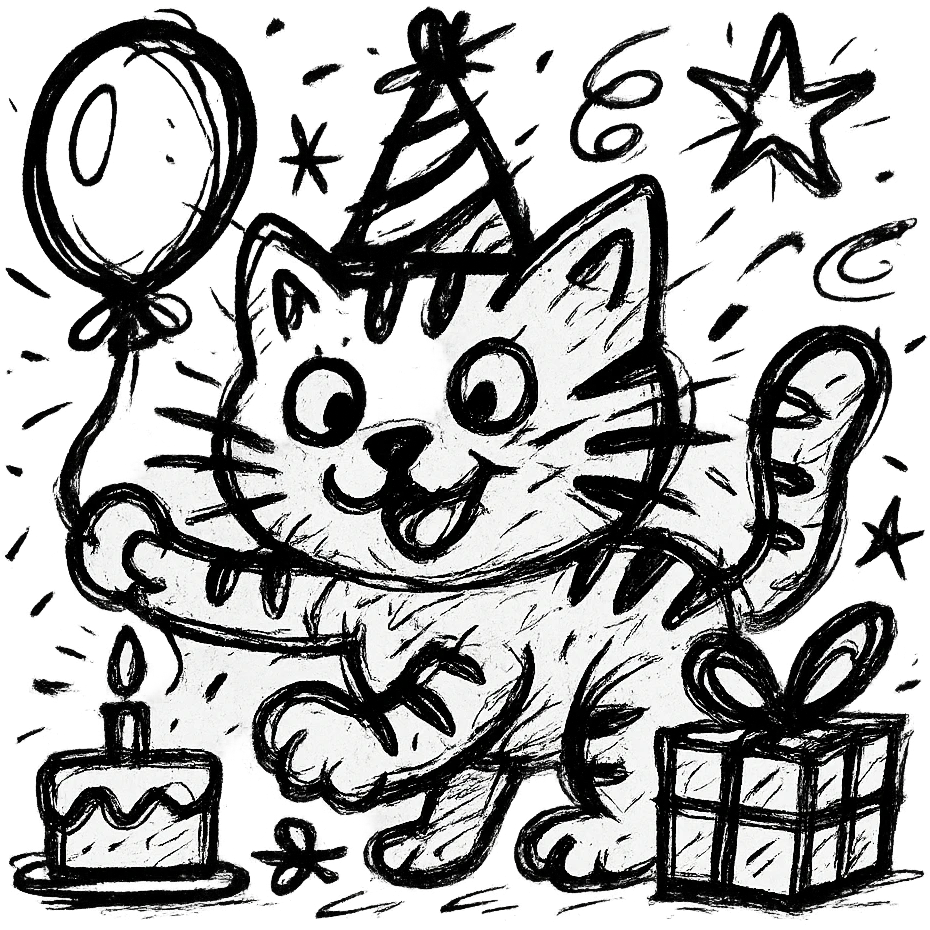 chaotic outlined icon of a playful kitten with stripes, birthday hat, holding a balloon, cake and presents scattered around emoji