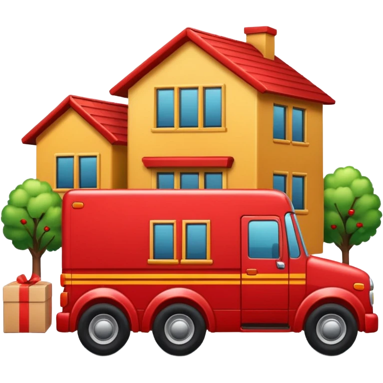 apple style emoji of a truck connected by street lines to a package, a house, and a company building, clear symbols, friendly colors, neutral background emoji
