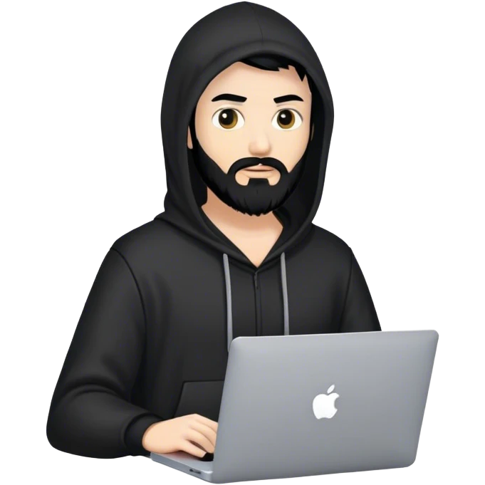 hackeur blanc cheveux noir barbe et capuche noir avec un macbook emoji