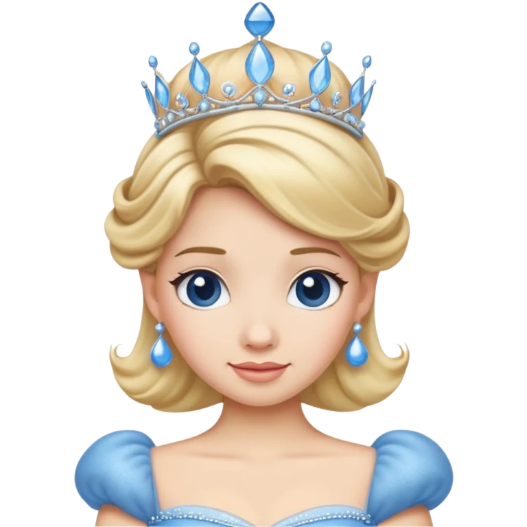 Cinderella emoji, classic fairytale look, blue ball gown, blonde hair, tiara, friendly expression emoji