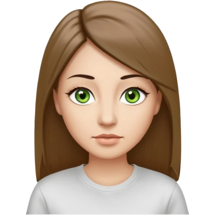 Adult woman avatar, light skin tone, oval face, long straight ashy brown hair, green almond-shaped eyes with dramatic eyelashes and minimal eyeliner, neutral mouth, medium straight eyebrows, small nose, smooth skin emoji