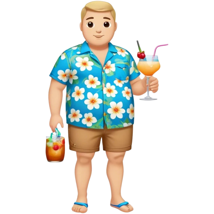 chubby guy full figure in a flowered azure havai shirt, brown shorts and flippers holding a cocktail emoji