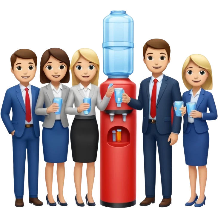 a group of employees gathered around a water cooler, smiling and chatting emoji