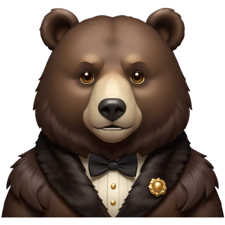 Cinematic Noble Bear Portrait Emoji, Poised and regal, with a large, imposing build and a thick, well-groomed rich dark brown fur, deep-set soulful eyes, Simplified yet sharp and sophisticated features, highly detailed, glowing with a soft, dignified glow, high shine, intelligent and formidable, stylized with an air of wild majesty, focused and attentive, soft glowing outline, capturing the essence of a watchful and commanding guardian, so majestic it feels as though it could lumber out of the screen with effortless authority! emoji