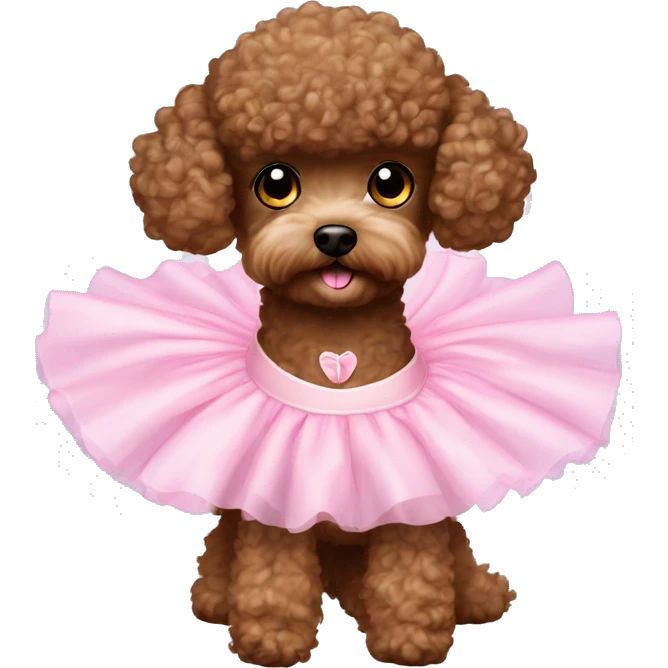 miniature brown curly hair poodle with a light pink ballet tutu skirt emoji