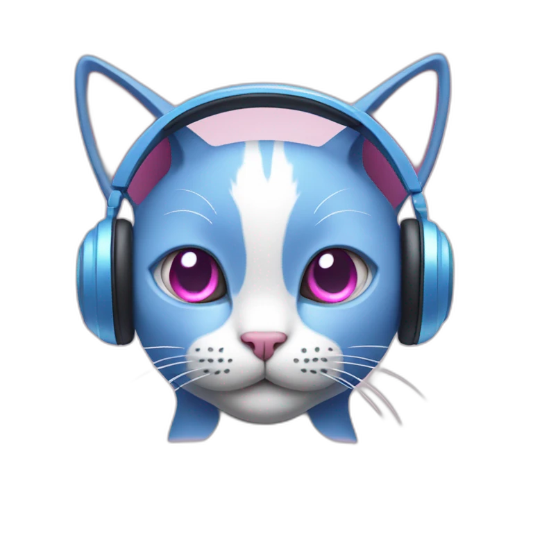 Blue cat with white headphones and pink eyes emoji