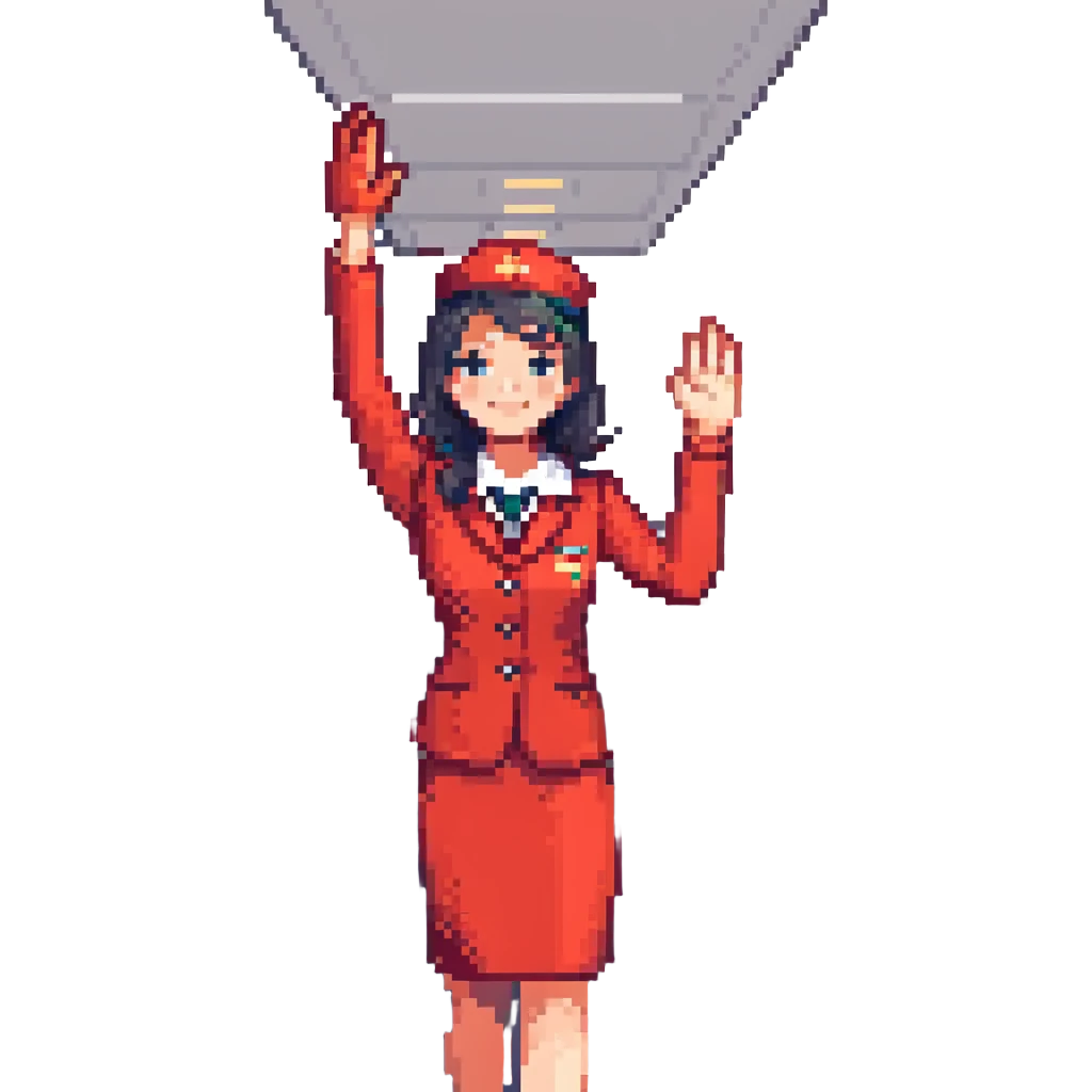 flight attendant in a red uniform, waving emoji