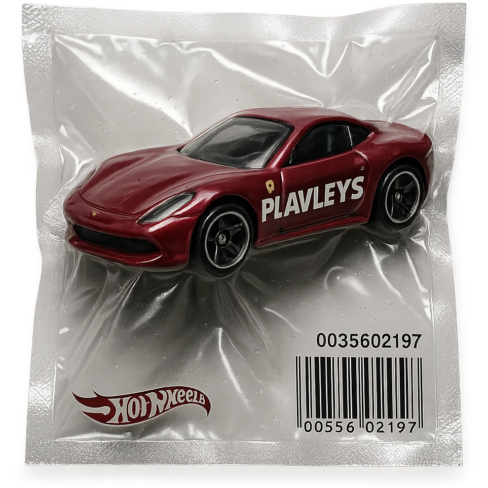 burgundy Hot Wheels toy car Ferrari with the word 'PLAVLEYS' written on the side, glossy and puffy, vacuum-sealed style emoji