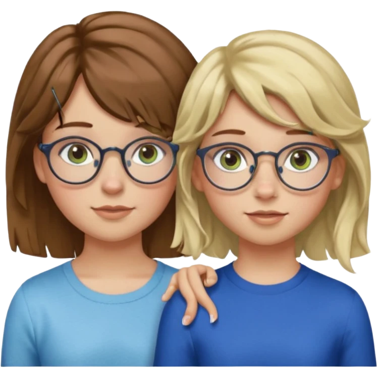 Two girls
Girl number 1: has fair skin, glasses, brown eyes, brown straight hair with a blonde undercut
Girl number 2: has light skin, blue green eyes, freckles, a silver hoop nose piercing on the right of her nostril, brown curly/wavy hair, and curtain bangs emoji