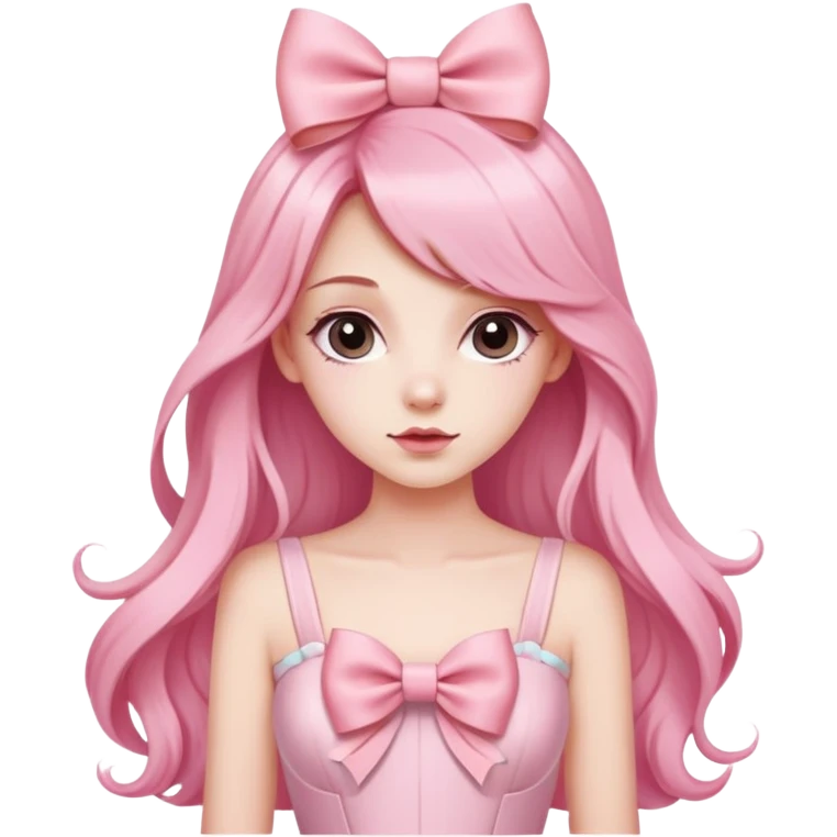  pastel pink long hair, bow on her hair, dress coquette design and bow on her chest

 emoji