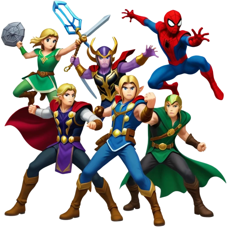Link and Zelda and Thanos and Loki and Thor and Spider-Man all fighting each other emoji