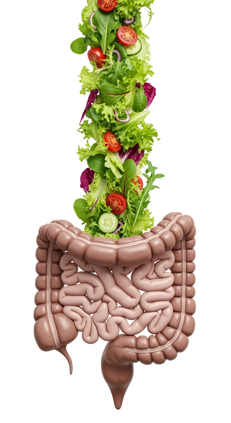 INSALATA CADE VERTICALMENTE SU UN INTESTINO ANATOMICO REALISTICO, iperrealistico 4k, ISOLATA SU SFONDO BIANCO emoji