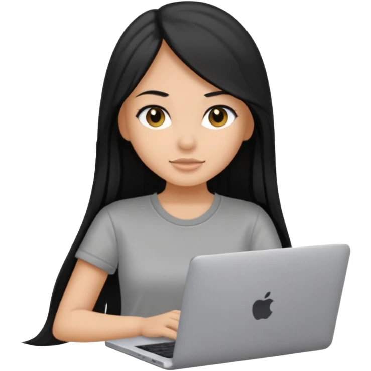 a pretty tan bratz girl with black long straight hair, wearing a grey tshirt using her laptop  emoji