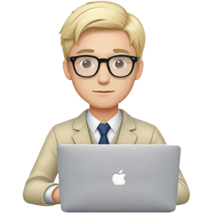 young blonde man professor with clear glasses and macbook emoji