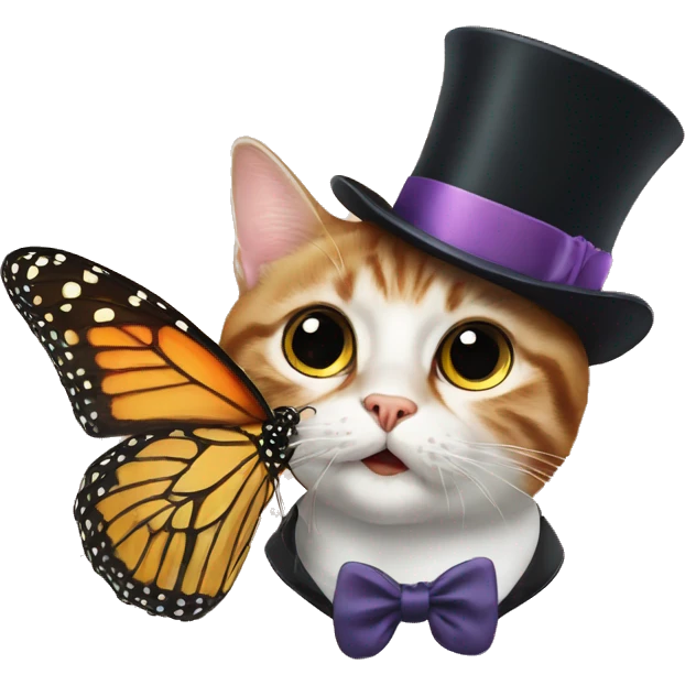 A surprised cat with a mustache and a top hat, a butterfly with big surprised eyes, an Englishman  emoji