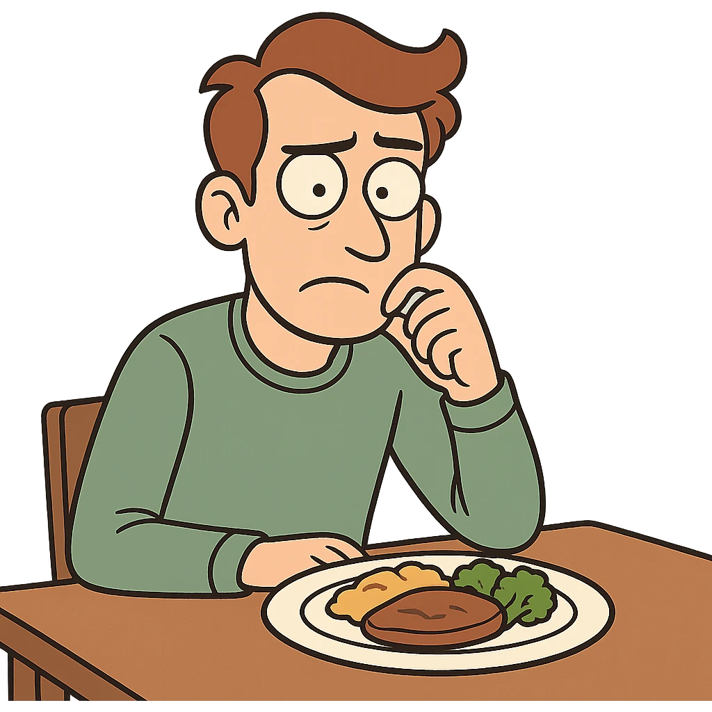 cartoon person sitting at a table with a plate of food, looking hesitant, one eyebrow raised emoji