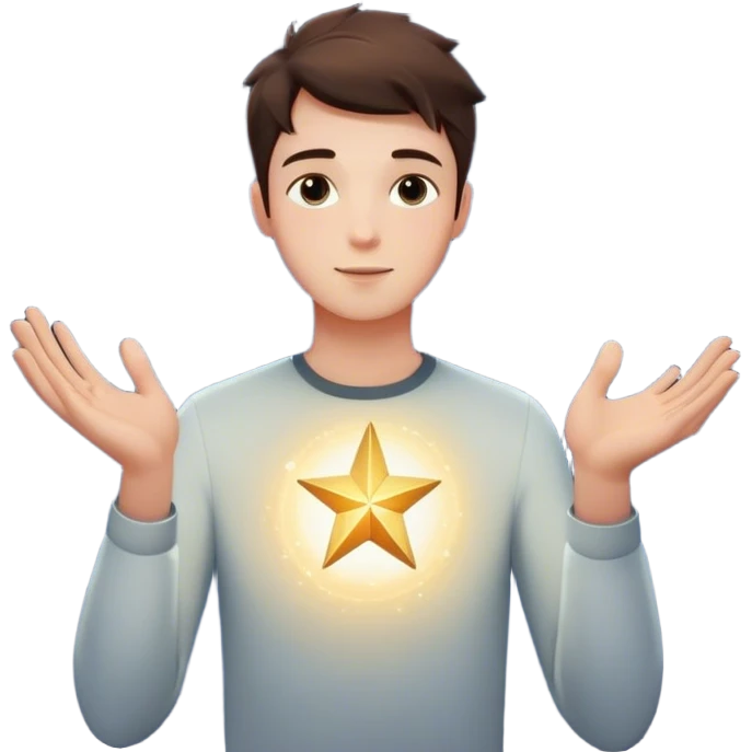 A young man floats in space, touching a star that glows and expands, shaping the universe around him. Each touch creates new light, symbolizing how his choices build his own reality. emoji