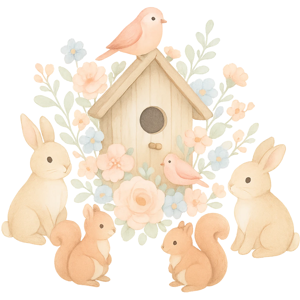 birdhouse with flowers and forest creatures including bunnies, birds, and squirrels, cozy pastel design, soft pastel colors, transparent background emoji