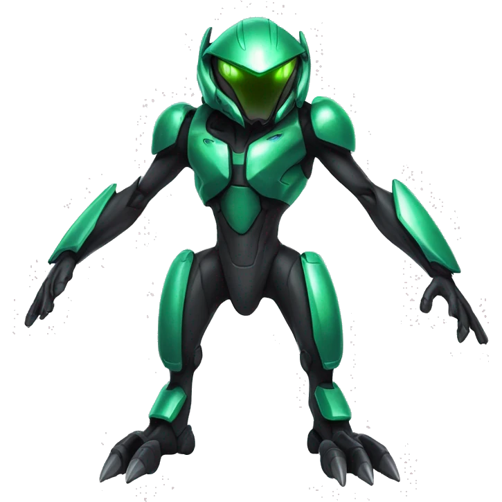 a shiny black-green Genesect-Raptor-Fakémon—hybrid with a futuristic visor-helmet full body emoji