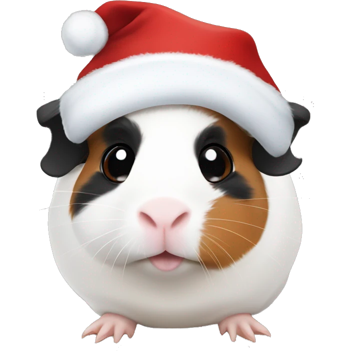 White Guinea pig with black on one eye and brown on the other eye with Christmas hat emoji