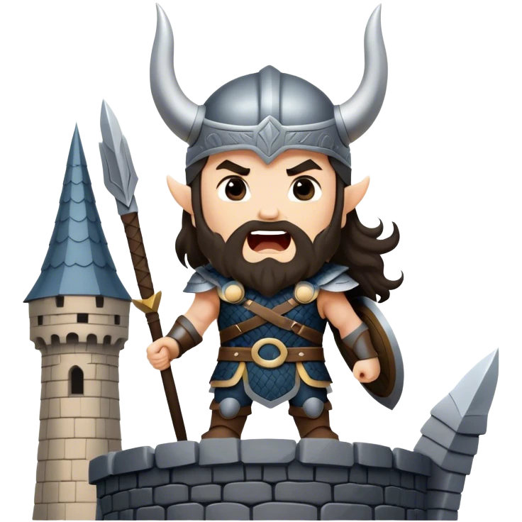 vikingo con armadura de Asgard, pelo negro ondulado, de pie, grito de guerra en torre de Asgard. emoji