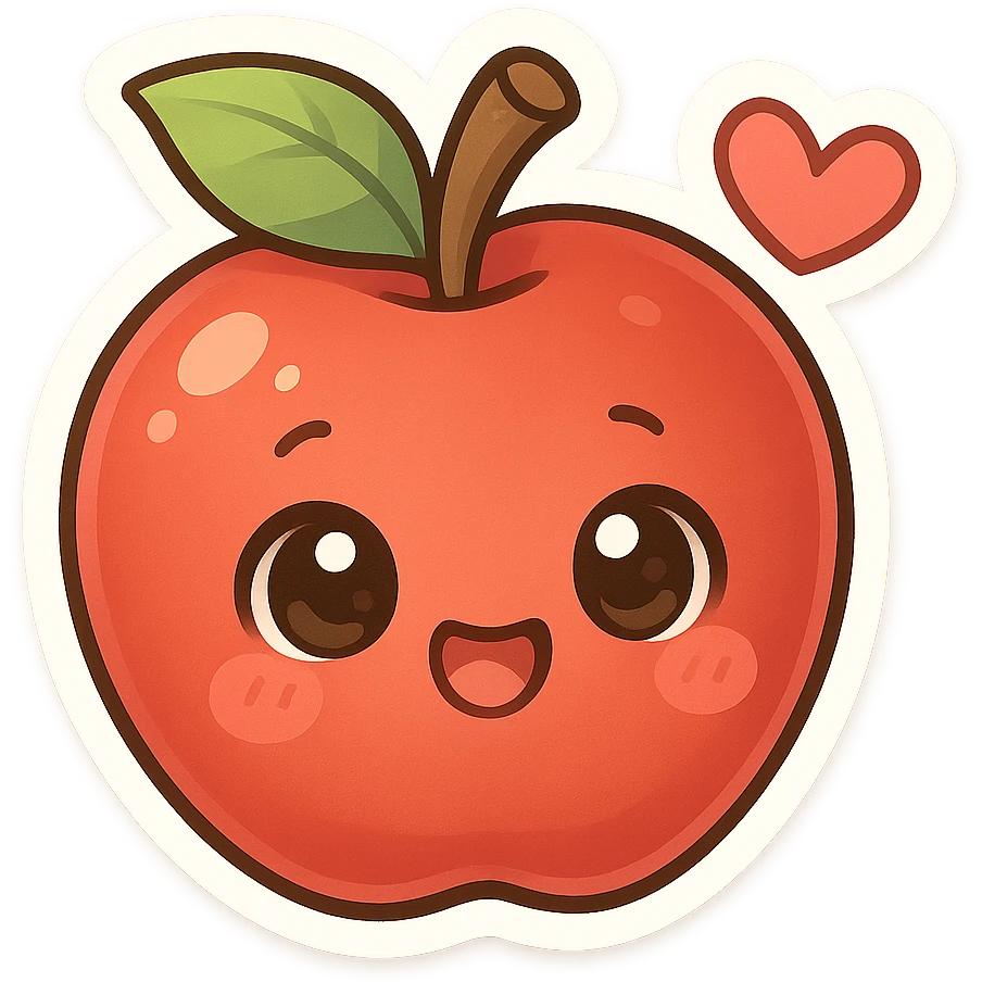 chibi sticker-style apple with a heart accent, cute and exaggerated emoji