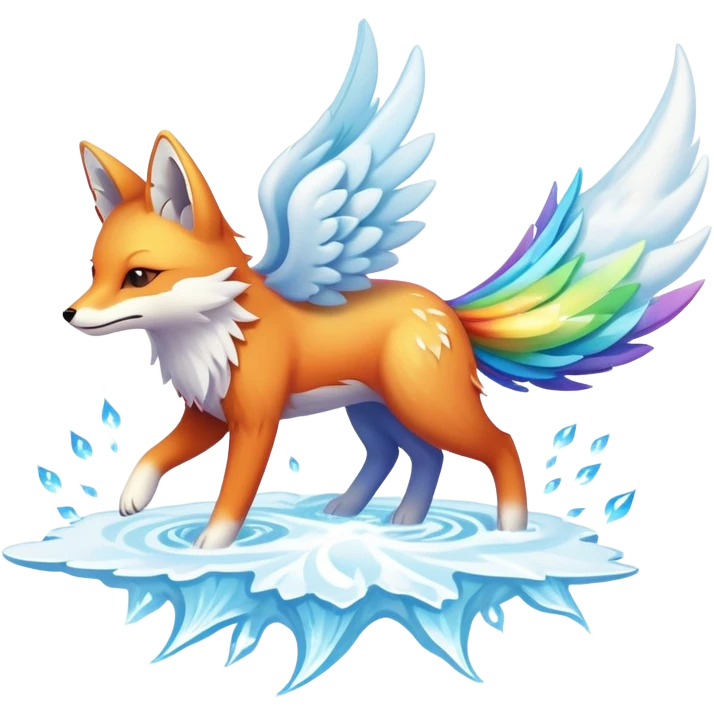 A cloud-dwelling creature made of vapor and static electricity, shaped like a winged fox that leaves rainbow trails as it flies and can condense parts of itself into water or ice projectiles. emoji