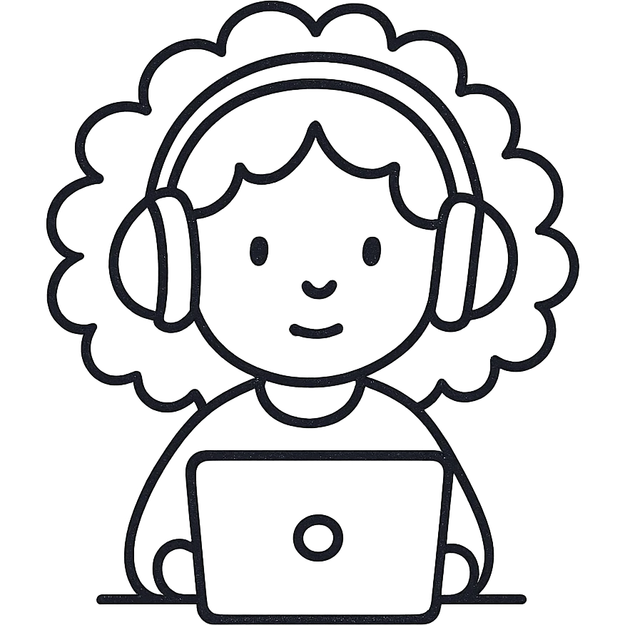 hand drawn outline icon of a curly hair girl with headphones and a laptop emoji