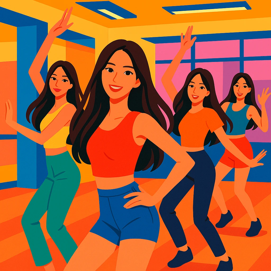 beautiful skinny women with long dark brown hair, kpop girl group at dance practice, energetic pose, modern dance studio background, vibrant toon style emoji