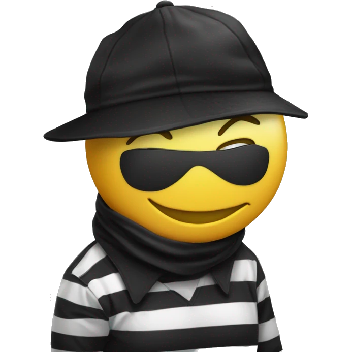 A yellow-faced emoji with a black mask, striped shirt, and a black cap smiles while holding a dollar-signed sack. The expression is friendly and playful. emoji