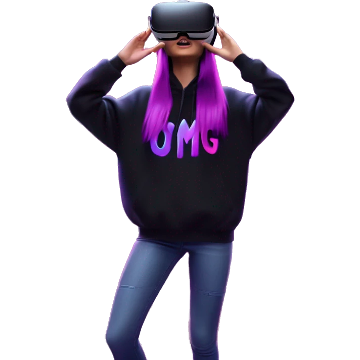 Russian girl wearing black hoody with violet letters "OMG", in vr headset oculus quest2. Dancing. Cyberpunk style. Violet neon. emoji